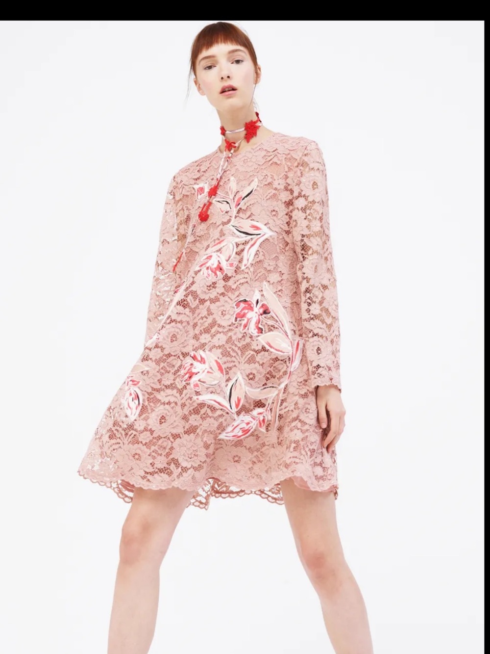 Sachin + Babi Rose Blush Lace Dress with Red & White Floral Appliqué